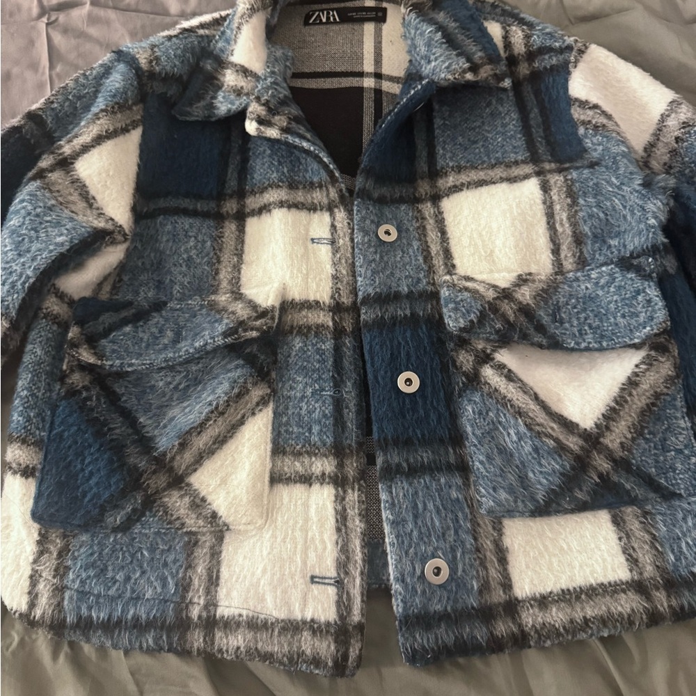 Zara Kids Blue and White Plaid Jean Jacket - Picture 3 of 11